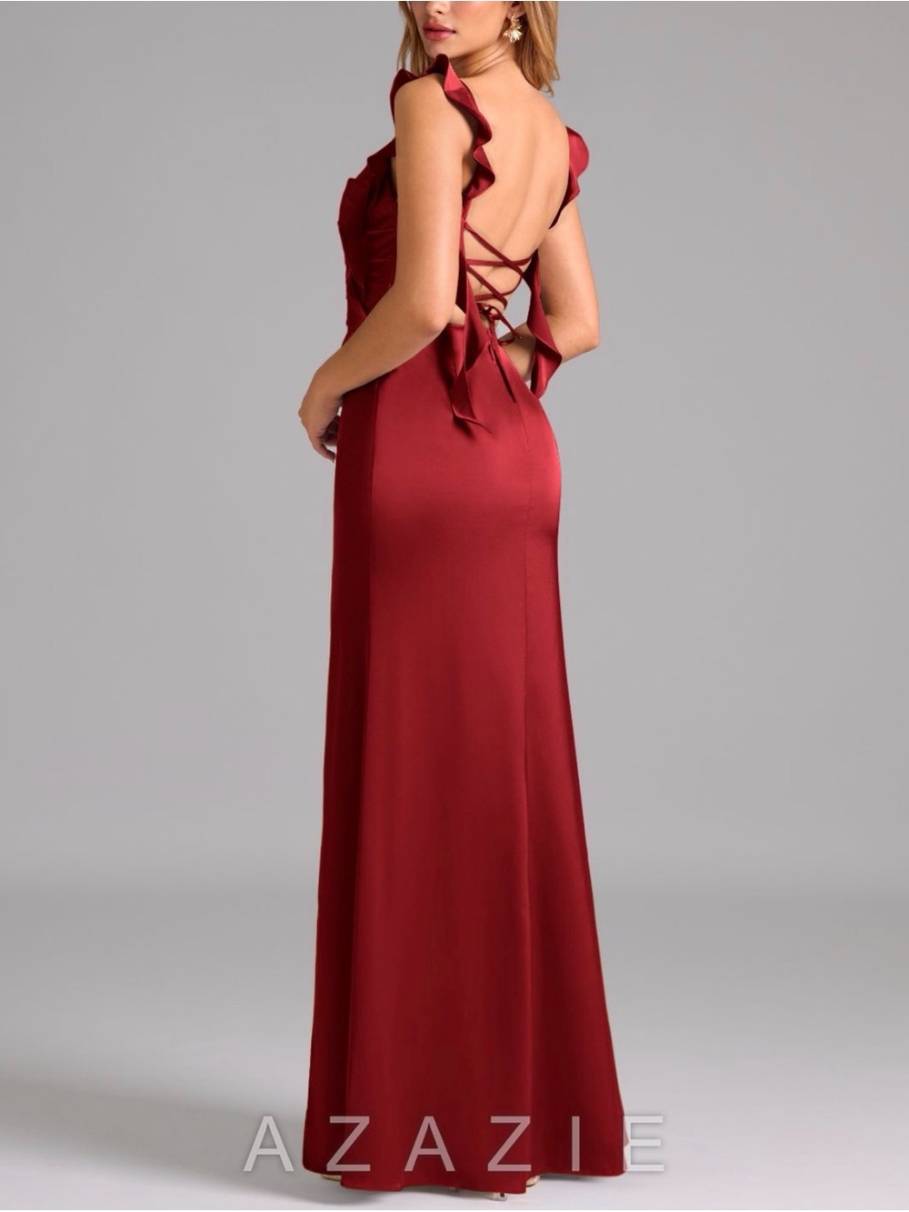 Azazie red Ruffle-Shoulder Lace-Up Back Evening Gown